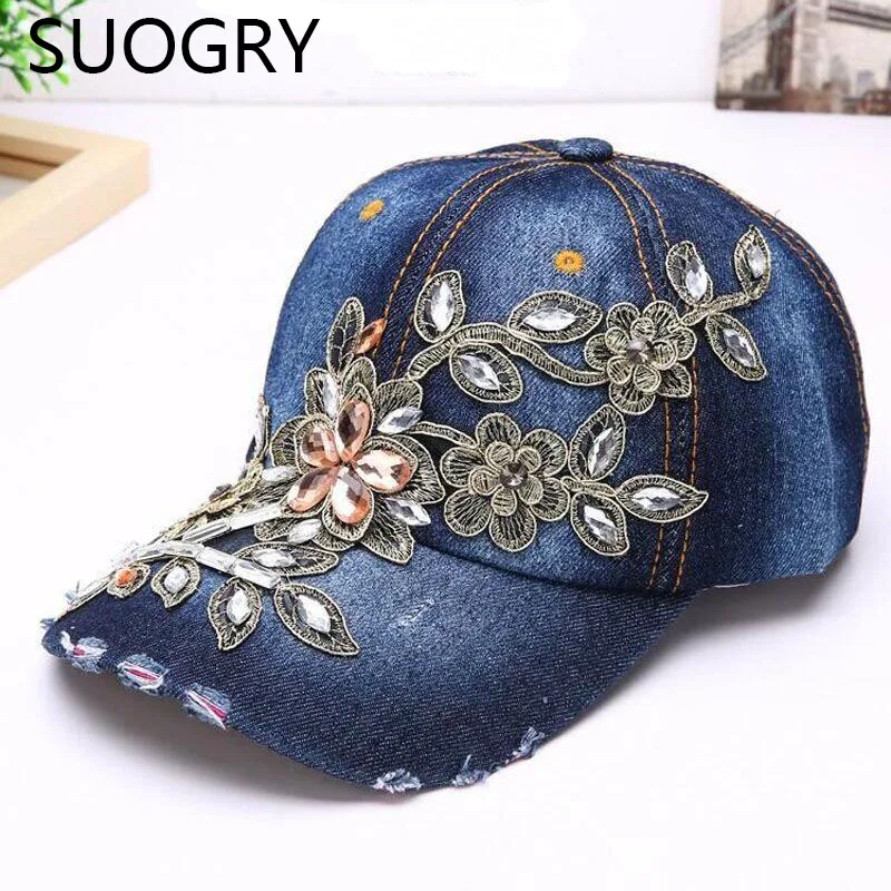 

Fashion baseball cap crystal Rhinestone Floral woman snapback hats denim jeans hip hop women cowboy baseball cap
