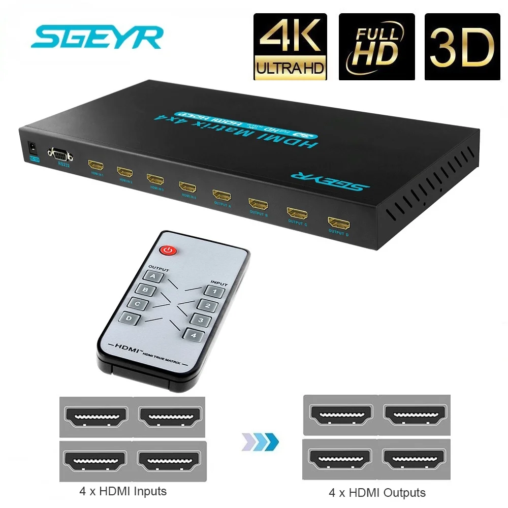 

4x4 HDMI True Matrix Switcher SGEYR 4K HDMI Switch 4 in 4 out splitter with IR Remote Support Ultra HD HDMI 1.4 4Kx2K 1080P