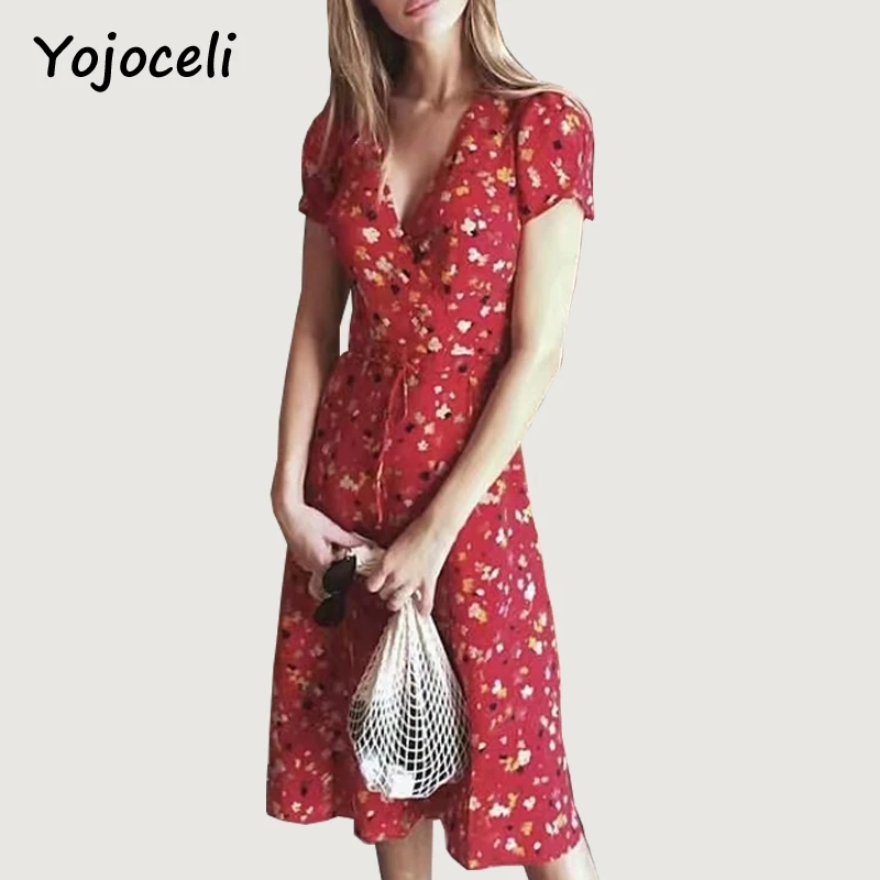 Yojoceli 2018 Новое весеннее летнее платье с вишневым принтом женское v-образным