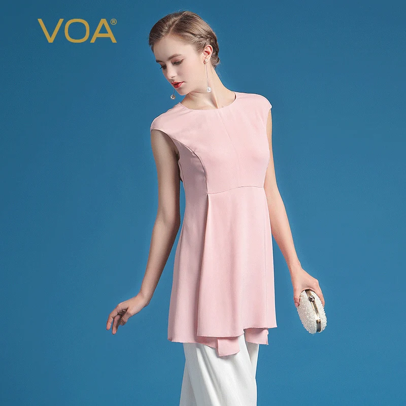 

VOA 2018 Summer Sweet Cute Pink Heavy Silk Brief Solid Long T Shirt O-neck Simple Elegant Sleeveless Slim Women Tops BLX00201
