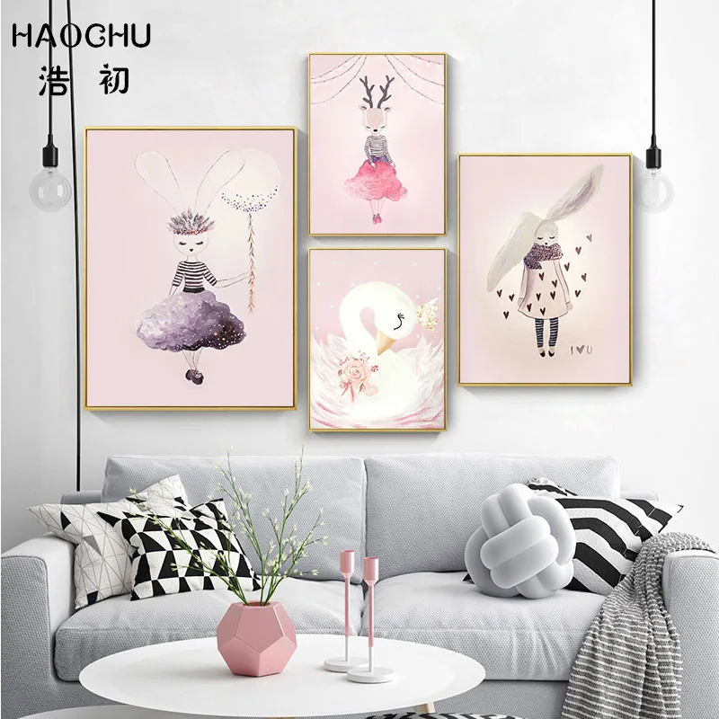 

HAOCHU Pink Cute Big Ears Rabbit Girl Cake Canvas Painting For Kids Room Art Print Poster Nursery Kindergarten Wall Decoration