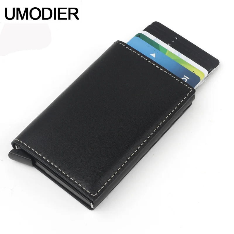 

UMODIER Man Rfid Blocking Credit Card Holder Aluminium Metal Box bank Card protector Crazy Horse Genuine Leather Pop up Wallet