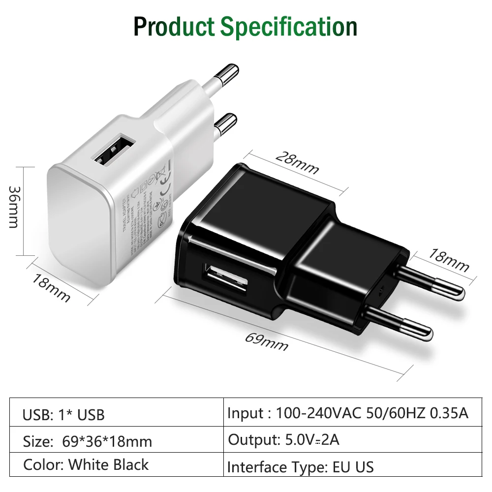 USB адаптер для samsung Galaxy S5 S4 I9300 N7100, Универсальный USB адаптер для дома, 5 В, 2 А, EU, US