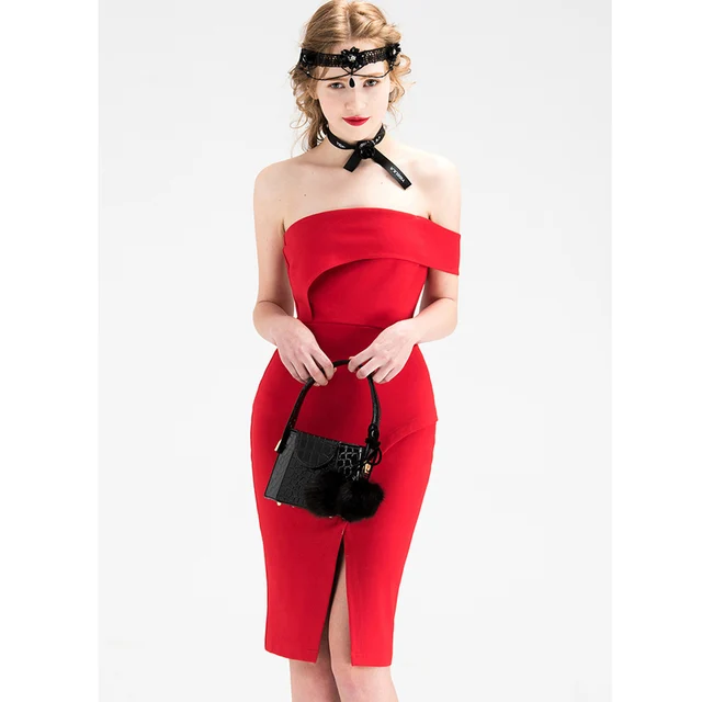 Black Red Strapless Knee Length Cocktail Dresses