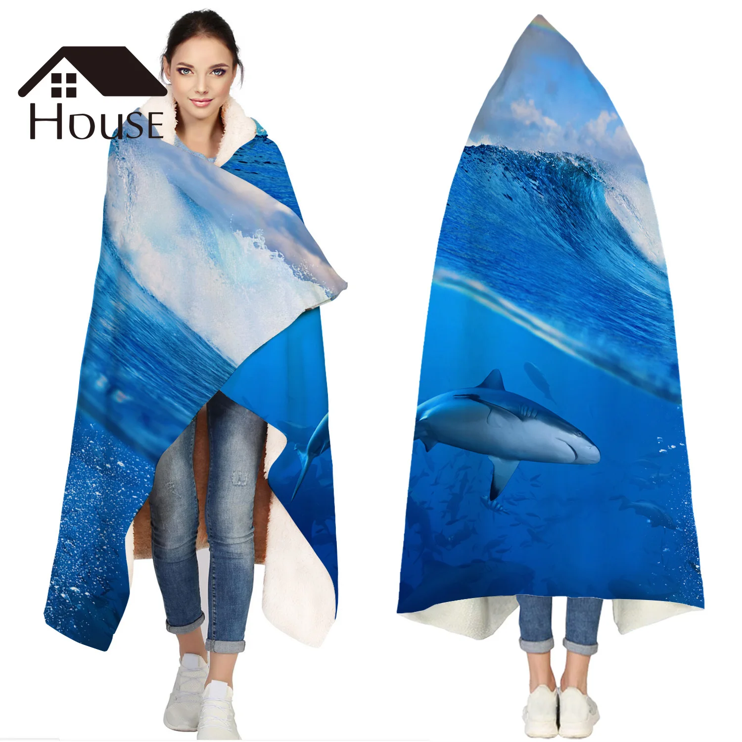 

Portable Wearable Fluffy Custom Hooded Blanket Rainbow And Shark Sea Fleece Hooded Throw Blanket