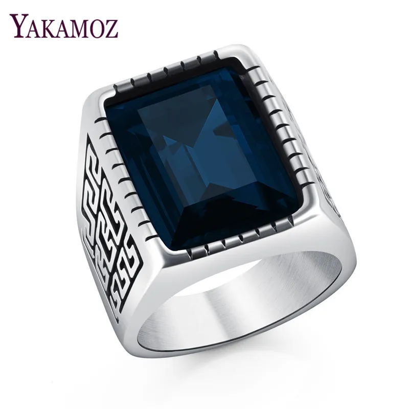 

YAKAMOZ New Fashion Dark Blue CZ Men's Rings Gothic Crackle Stone Rings for Men Stainless Steel Jewelry Punk Trendy Gifts