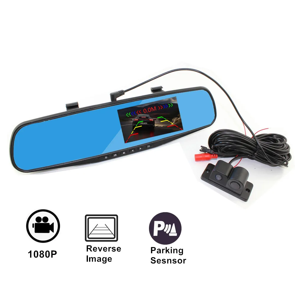 

Fonwoon 4.3" Rearview Mirror DVR Parking Sensor Dual Lens Dash Cam 1080p Video Recorder Car Reversing Radar Detection