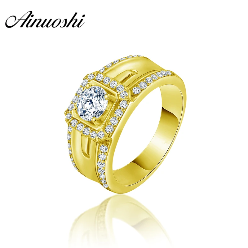 

AINUOSHI 10K Solid Yellow Gold Men Ring Rows Drill Square Halo Ring Engagement Wedding Male Jewelry 5.7g Exquisite Wedding Band