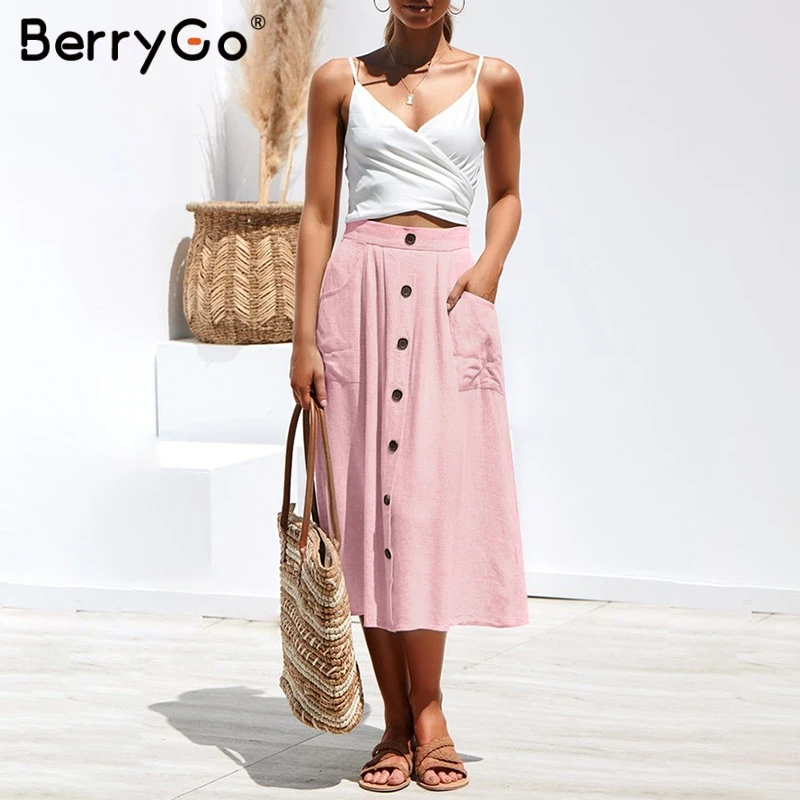 BerryGo النساء التنانير الصلبة الكتان تنورة خمر زر جيوب الإناث عارضة تنورة الصيف شاطئ عطلة لينة أسفل التنانير 2019
