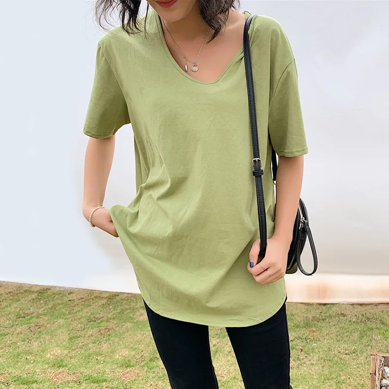 

Women T Shirt 2019 Summer Top Elastic Basic T-shirt Fashion Tee Woman M 4XL Plus Size Tshirt Cotton Female Casual Tops TShirts