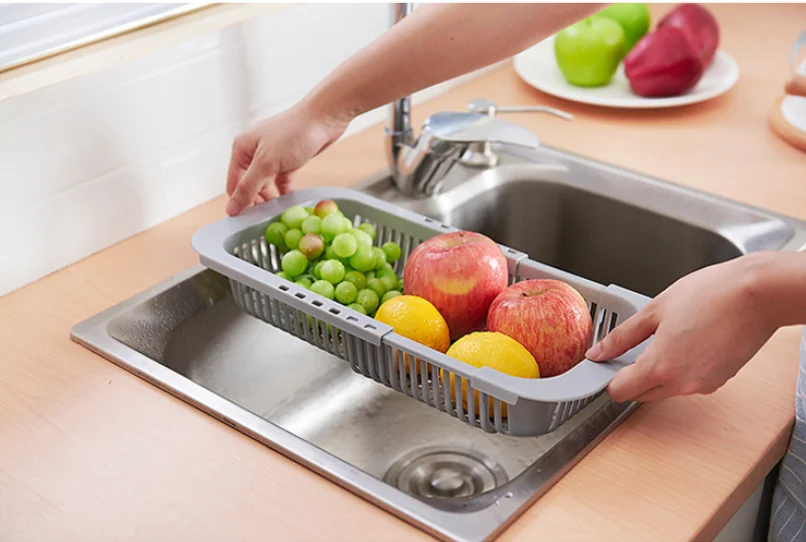 

1PC ABS Retractable Kicthen Drain Basket Vegetable Fruit Washing Drain Rack Colanders Strainer Drying Rack Storage