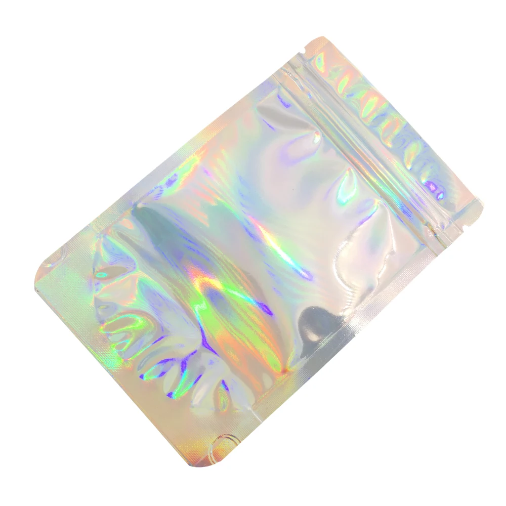 Thick 50pcs Aluminum Foil Laser Zip Lock Pouch Clear Hologram Rainbow Stand Up Zip Lock Plastic Packaging Bag with Tear Notch 6