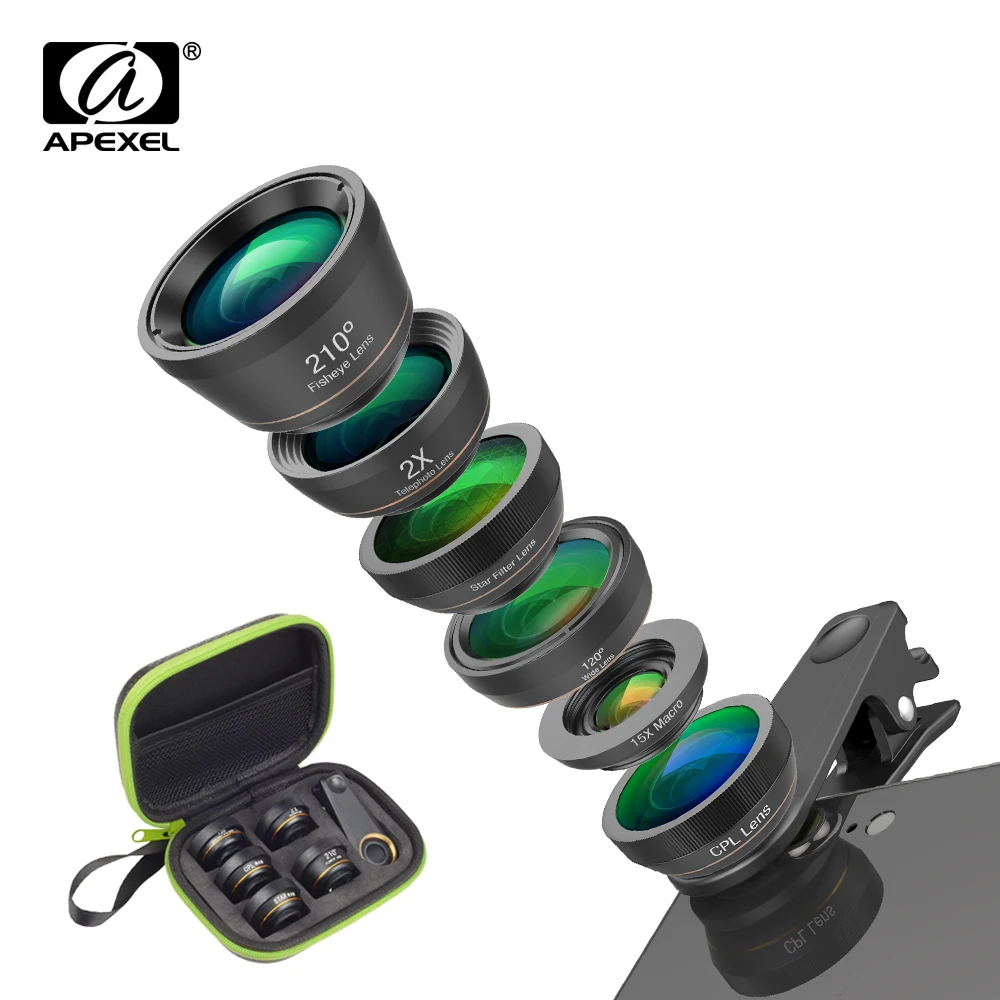 

APEXEL10pcs/lot 6 in 1 Phone Camera Lens Fish Eye Lens Wide Angle macro Lens CPL 2X tele for iPhone xiaomIalmost all smartphones