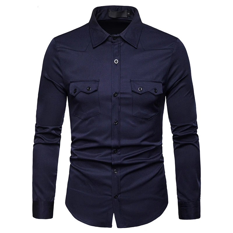 Navy Blue Mens Business Casual Shirt Soft White Long Sleeve Slim Fit Dress Shirts For Men Comfort Colors 2 Pockets Camisa Social Masculina - Цвет: Navy Blue