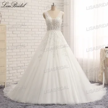 

Real Images New Long Wedding Dress 2017 V-neck Cap Sleeve Lace Up Back A-Line Chapel Train Appliques Tulle Bridal Gowns Vestidos