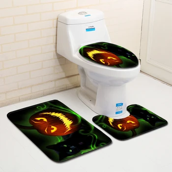 

Halloween 3D Pumpkin Lante Toilet Bath Mat Carpet Rug Sets Bathroom Shower Room Carpets Flannel Anti Slip 3 Pieces Bath Mat Sets
