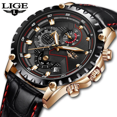 Moda dos Homens Superior de Luxo Militar à Prova Lige Relógios Marca Relógio Couro Masculino Esporte Dwaterproof Água Analógico Quartzo 2019