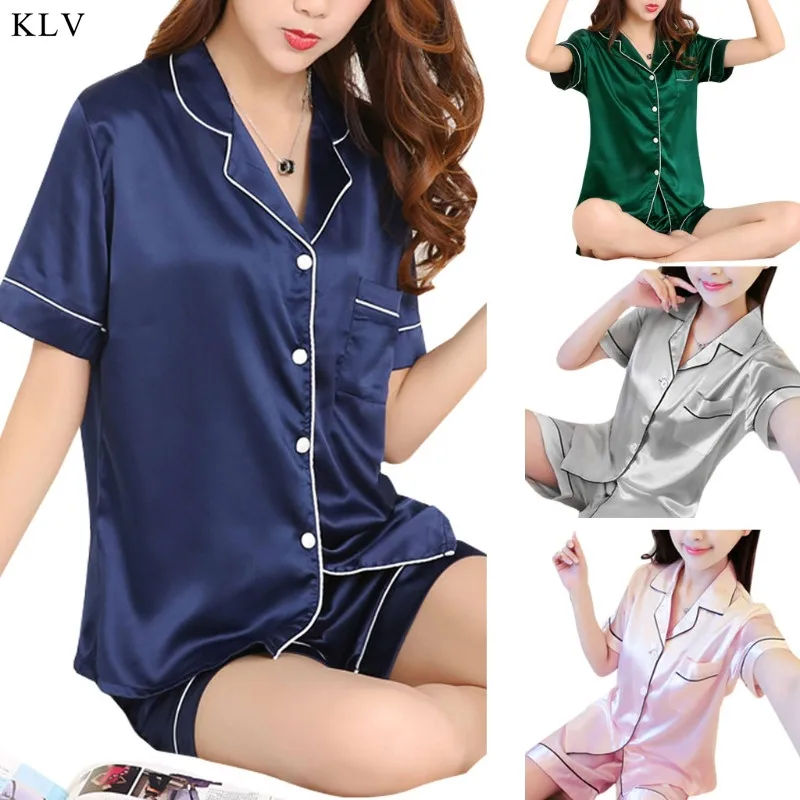 KLV New Women's Satin Pajamas Set Pocket Lapel Nightgown Set Short Sleeve Pyjama Set Nightwear Loungewear