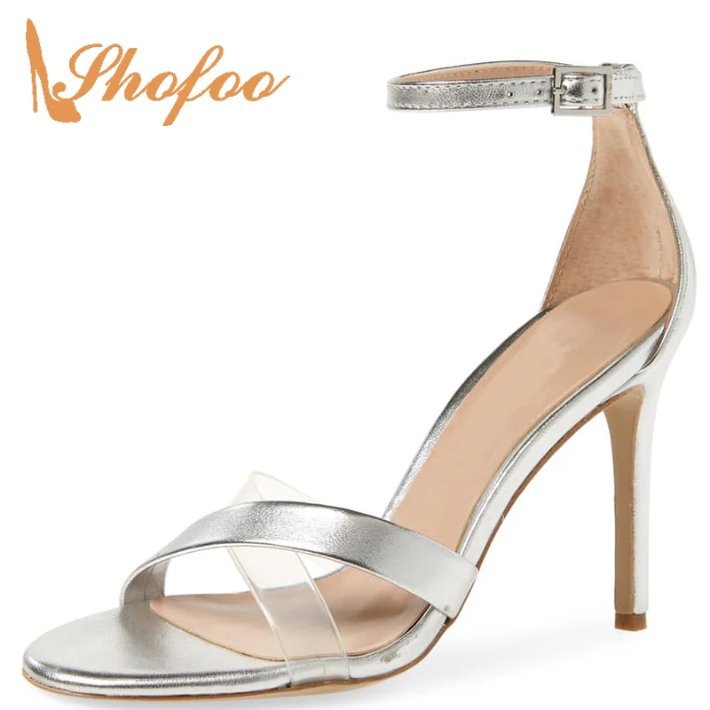 

Silver High Thin Heels Sandals Large Size 11 12 Ankle Buckle Strap Woman Stilettos Ladies Shoes Elegant Mature Summer Shofoo
