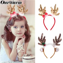 OurWarm Antlers Christmas Headband Merry Christmas Ornaments Christmas Party Decorations Sequin Feather Reindeer Antler Headband merry christmas reindeer olive branch print round beach throw
