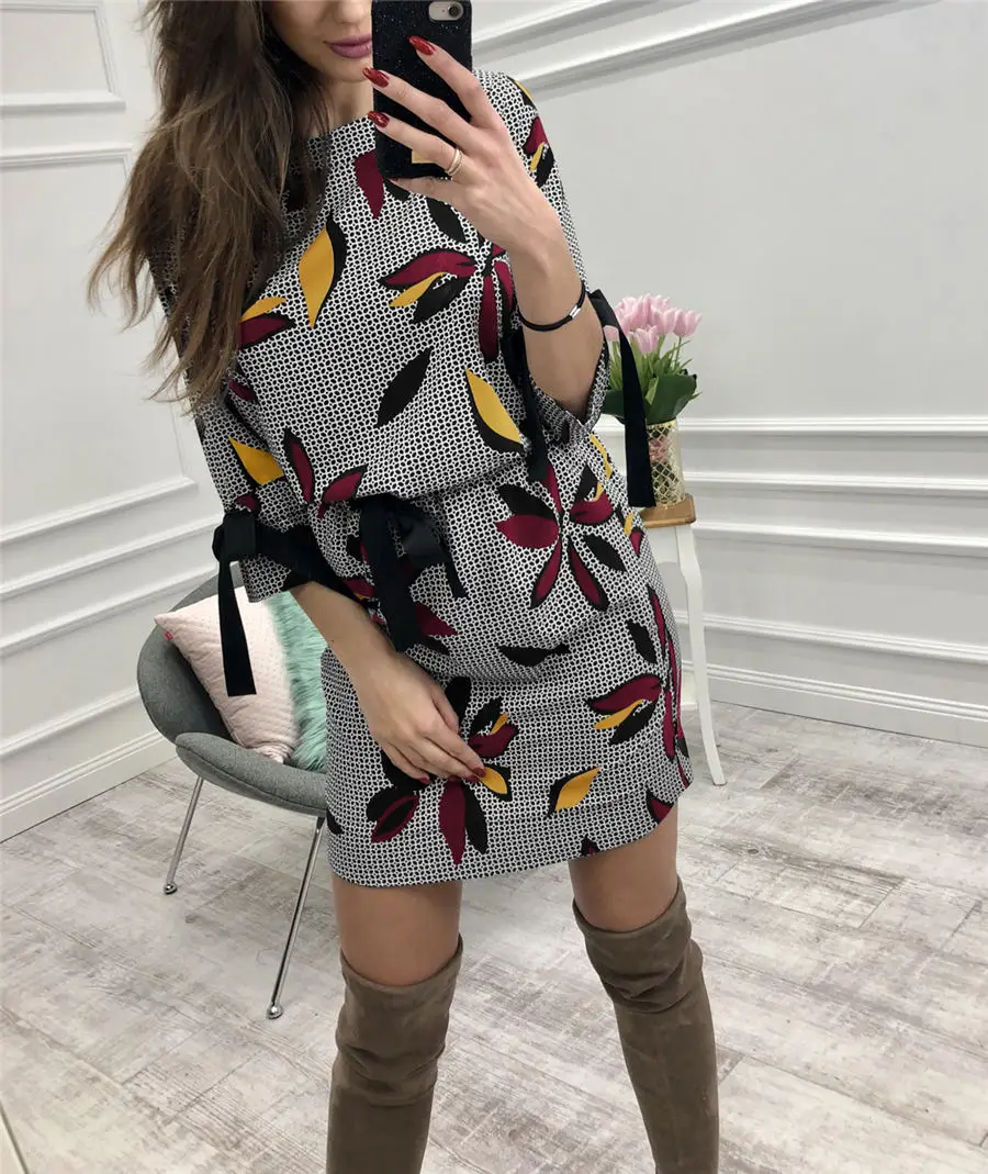 Gladiolus Floral Print Women Autumn Dress 2018 O-Neck 34 Sleeve Belt Tunic Fashion Chiffon Dress Women Casual Mini Dresses 2XL (9)