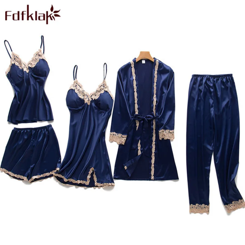 

Fdfklak 2018 New Design Sleepwear Women Sexy Pijama Summer Faux Silk Pajamas For Women 5 Pieces Pyjama Suit Home Clothes Q1142