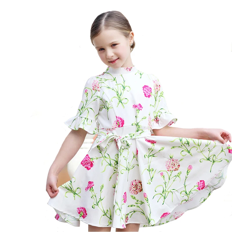 

Floral Girls Dress Autumn Baby Princess Robe Children Thin Flower Print Three Quarter Petal Sleeve for Party 4Y-12Y