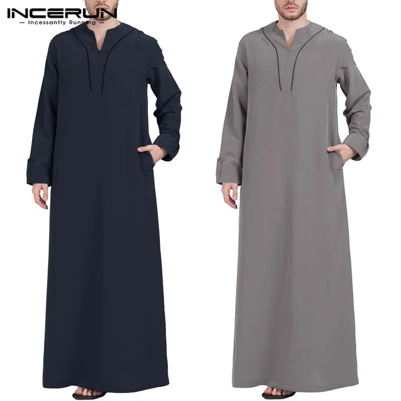 INCERUN Арабский исламский кафтан, Мужская мусульманская одежда, свободный длинный рукав, v-образный вырез, мужские халаты, Дубай, Саудовская Аравия, Абая, джубба, ТОБ