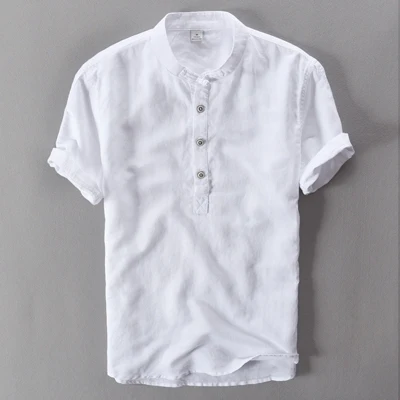 Модная уличная одежда, мужские рубашки, летние крутые льняные рубашки со стоячим воротником и коротким рукавом, мужские повседневные футболки высокого качества, размер M-4XL - Цвет: Белый