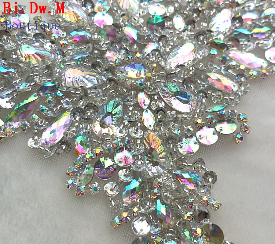 Handmade Crystal Rhinestone Applique Trim (Silver AB) | 5x21cm Sew-On Embellishment For Wedding Dresses & DIY