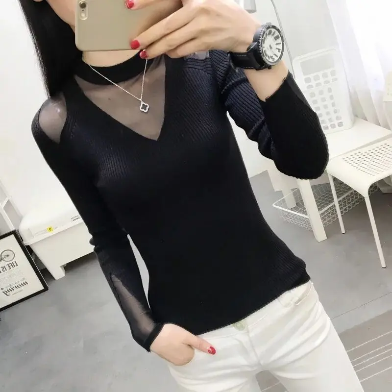

2019 Spring Autumn New Sexy Lace Sweaters Autumn and Winter Turtleneck Slim Basic Tops Elegant Sweaters Tops Knitwear S-2XL XXL