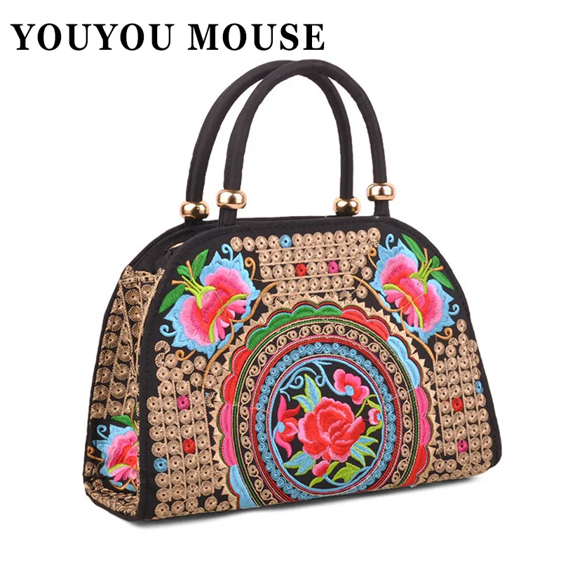YOUYOU MOUSE Fashion National Wind Handbags Women Flower Embroidered Handbags Lady Shoulder Bag Embroidery Canvas Handbag