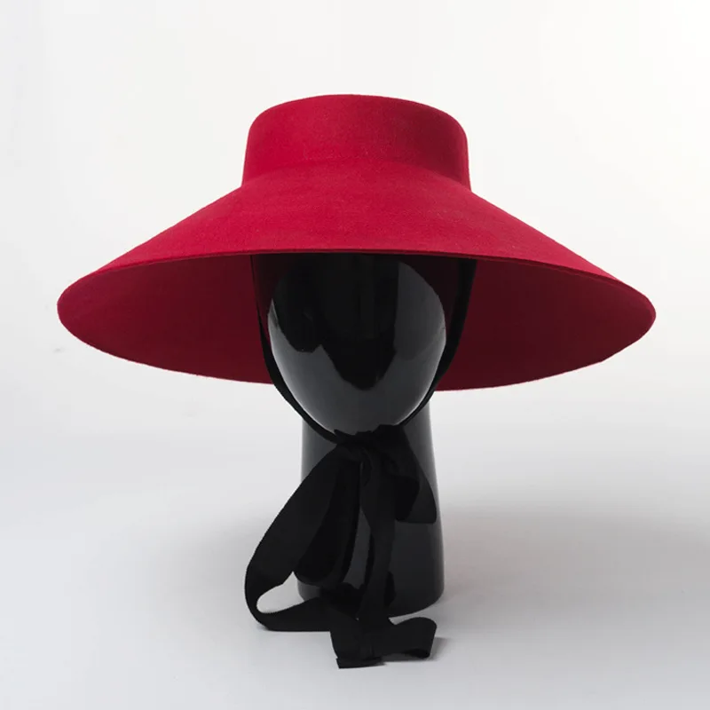 

Women Fall Winter New Style Shallow top Big Wide Brim Wool Felt Fedoras Hat Large Black Red Wool Hat With Bandage Warm Hat