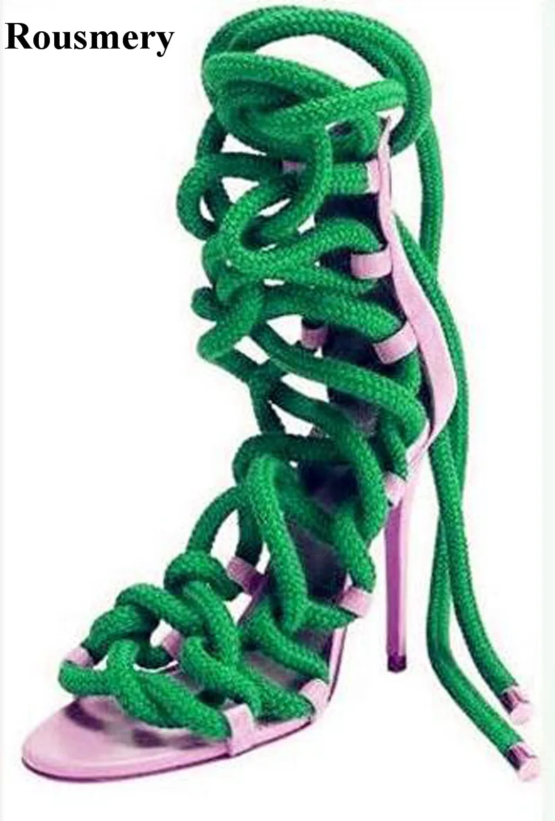 Summer New Fashion Women Lace-up Rope Design High Heel Sandals A Lots Color Strap Cross Gladiator Sandals Dress Shoes alluring spaghetti strap fringe design pure color dress for women