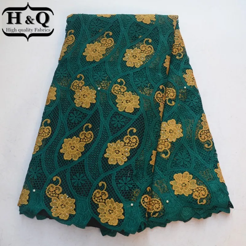 

H&Q Latest design high quality African Water Soluble Lace Fabric Embroidery With beads 5 Yards For Nigerian Women wedding dress