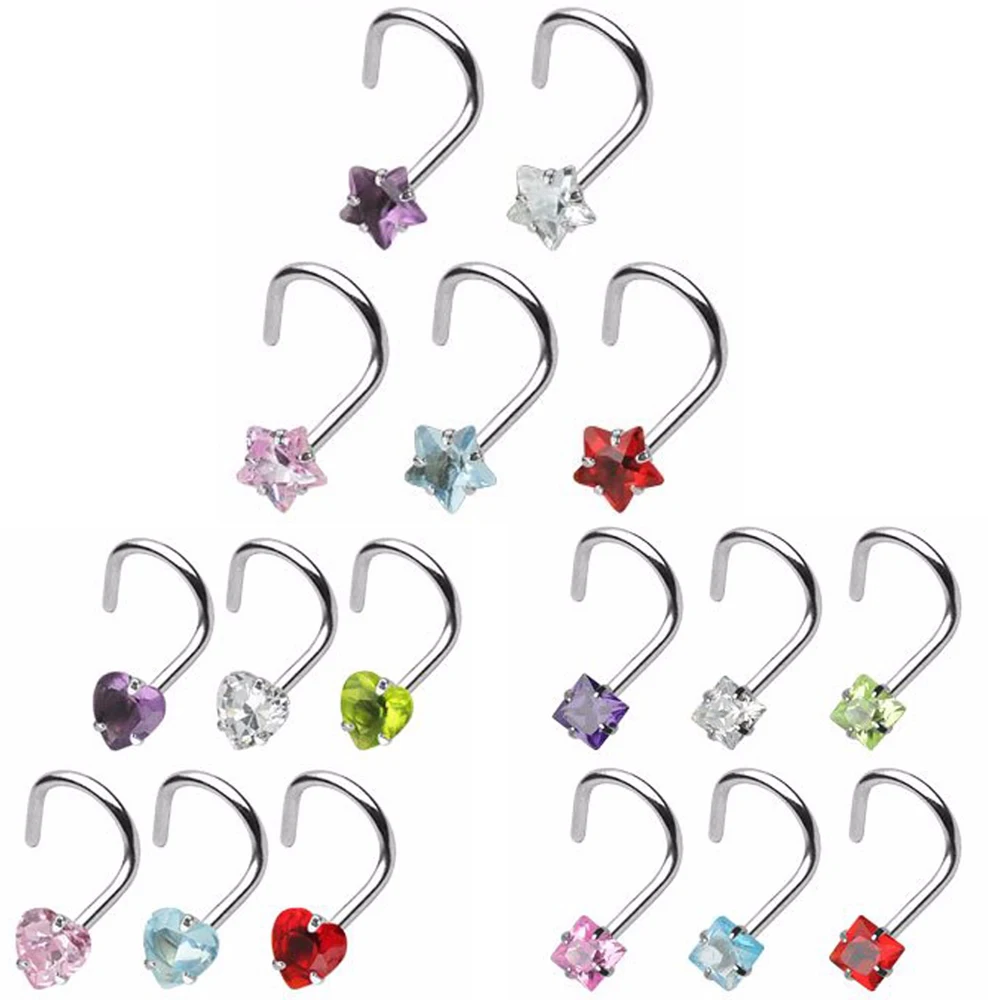 

1Pcs Prong Set Zircon Nose Screw Rings Piercing Nose Studs Body Jewelry 20g Star&Heart&Square