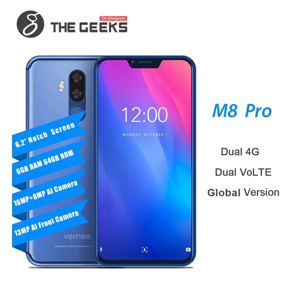 Vernee M8 Pro 6,2 ''notch Экран смартфон 6 ГБ 64 ГБ Android 8,1 мобильный телефон Octa core 4100 мАч AI двойная камера Быстрая Зарядка телефона