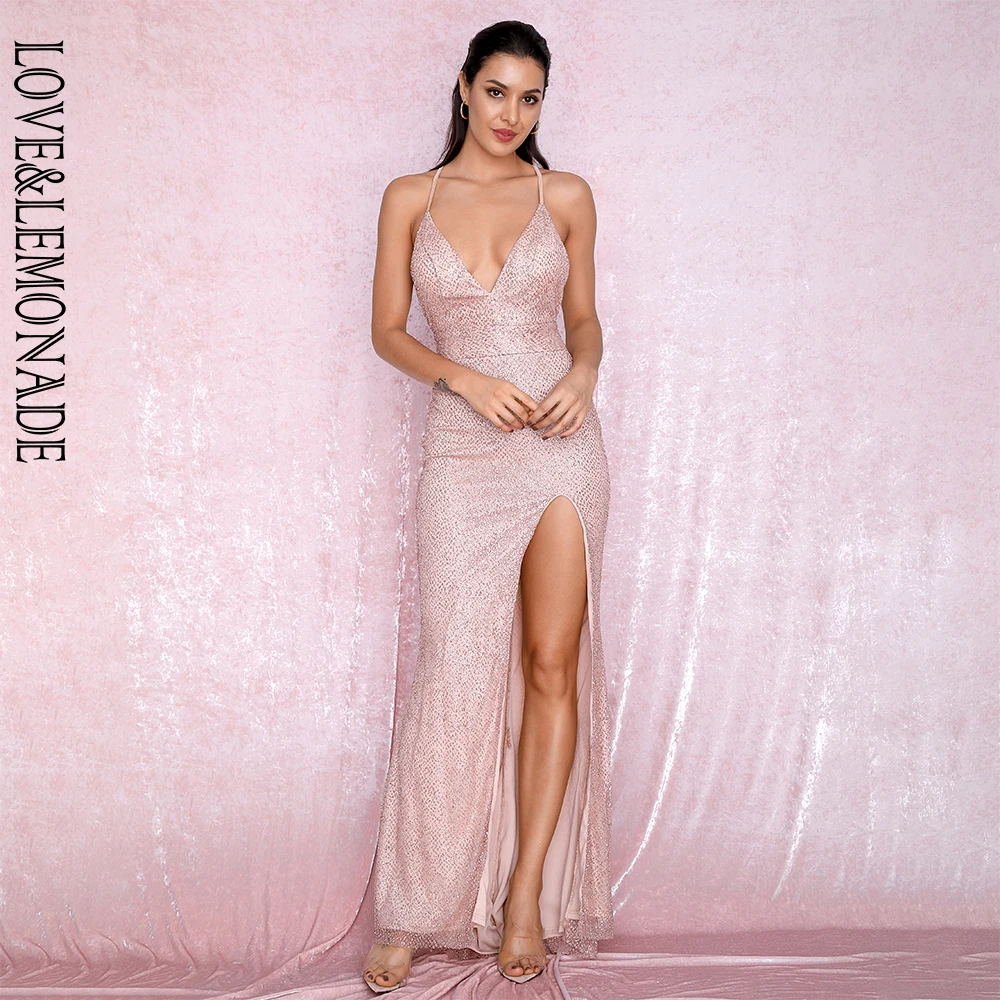 Женское платье макси LOVE & LEMONADE розовое золото с глубоким v образным вырезом и