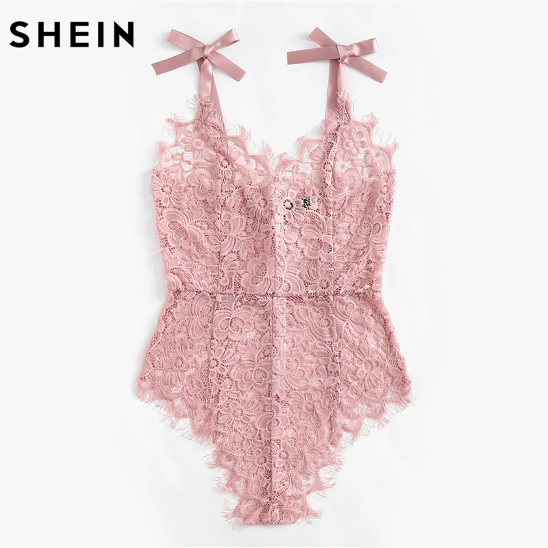 SHEIN طوق شريطي الكتف انظر الرغم الأزهار بودسوت/ بدلة الجسم المصنوعة من الدانتيل السيدات مثير ارتداءها الوردي أكمام V الرقبة لطيف ارتداءها