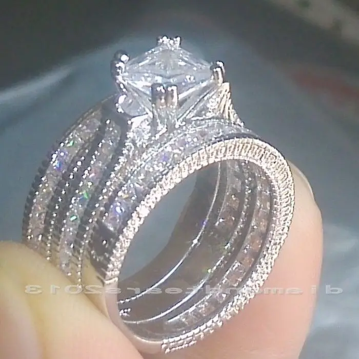 

Size 5-11 Fashion jewelry wholesale Princess Cut 14kt white gold filled CZ Simulated stones Engagement Wedding Ring set Gift