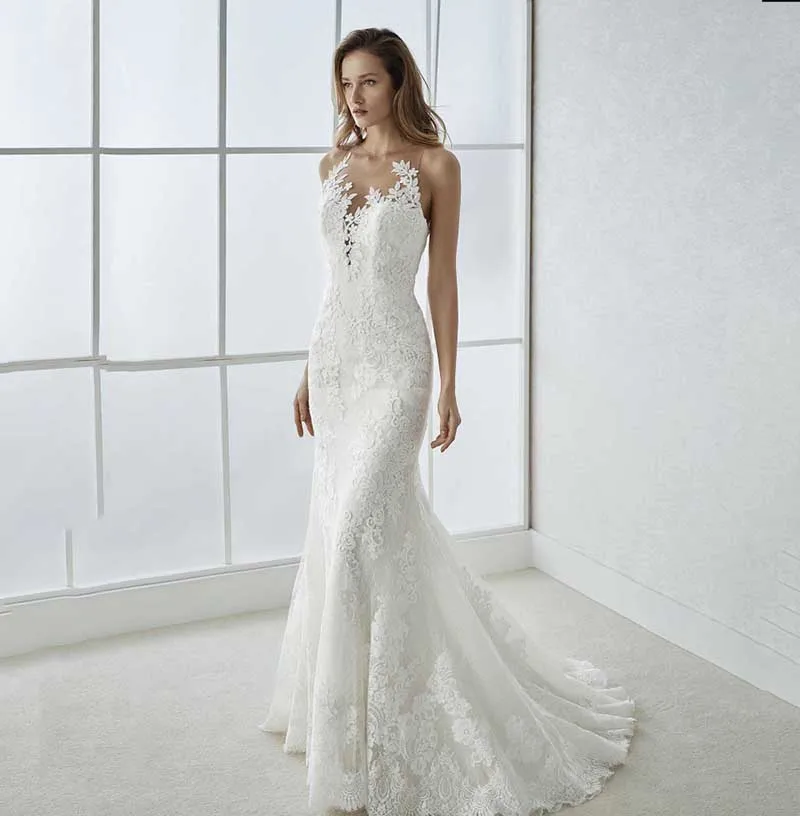 

Lace Mermaid Wedding Dress Sleeveless 2019 Robe De Mariee Lace Appliques Bride Dress Elegant Vintage Lace Backless Bridal Gown
