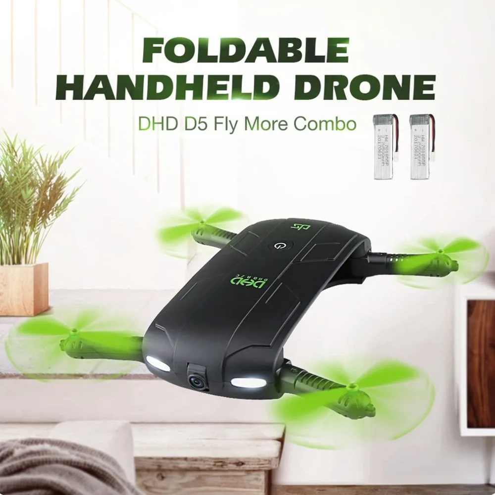 

DHD D5 Foldable Selfie Drone RC Quadcopter with Wifi FPV Camera Live Video Altitude Hold with 2 Batteries Combo Indoor Outdoor