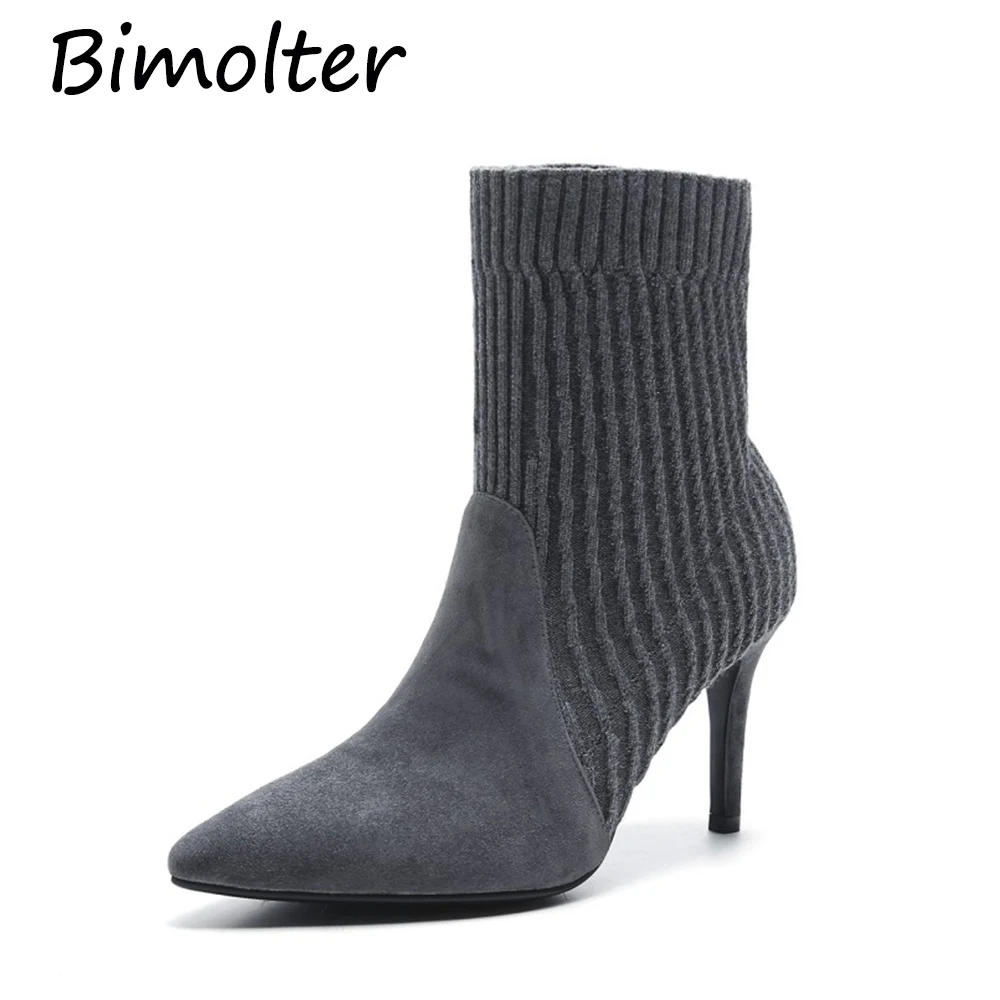 

Bimolter Sheep Suede Woolen Women Shoes Slip-On Retro High Heel Ankle Boot Elegant Cusp Boots Female Pointed Toe Stiletto NA010