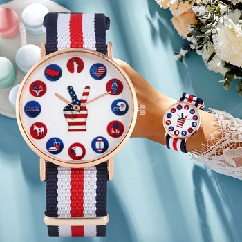

Women's Watch Nylon Strap Wristwatch For Lady Camouflage American Element V Victory Gesture Pattern Quartz Watch Reloj Mujer