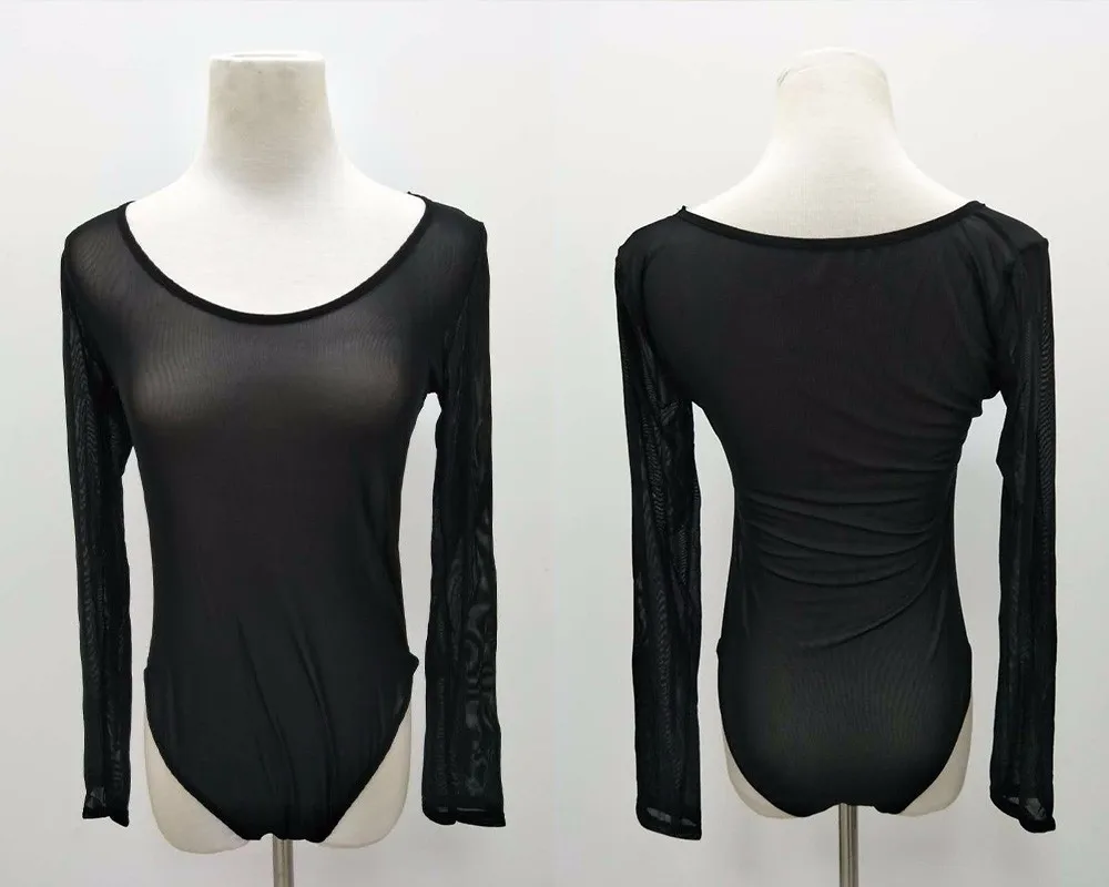 SEBOWEL Sexy Black Sheer Mesh Bodysuit Women Long Sleeve Nude Bodysuits See Through Jumpsuits Club Body Suit macacao feminino