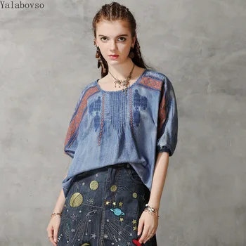 

2019 Summer O neck denim Embroidery Vintage Tees Lantern Sleeve Blouse Retro Shirts for women A50Z40