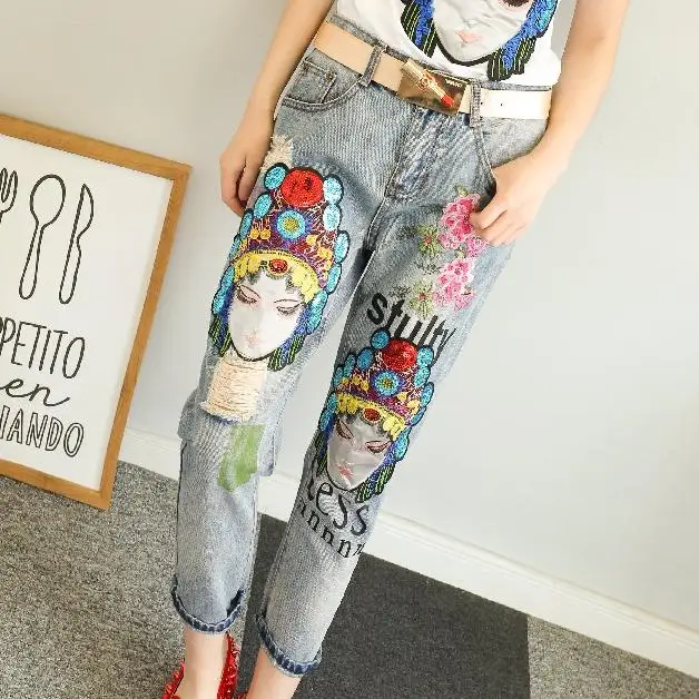 

spring autumn women low waist embroidery jeans sequins worn casual loose printed ankle-length jeans plus size 26-31