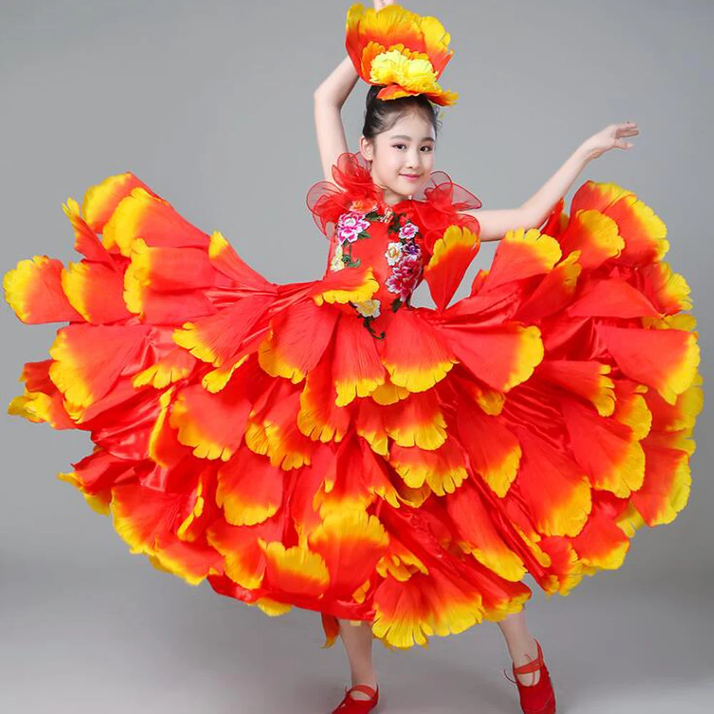 Детские костюмы для испанских танцоров, сексуальное платье для фламенко, костюмы для девочек, платье для бальных танцев с цветами, 360 градусов