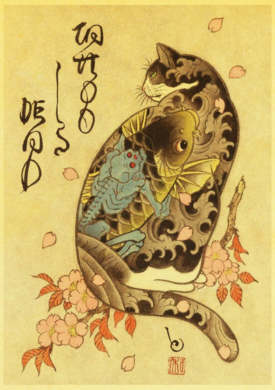 Винтажный Японский самурайский Кот тату Кот Ретро плакаты крафт обои высокого качества живопись для домашнего декора наклейки на стену - Цвет: E064