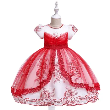 

New Ballgwon Red Flower Girl Dresses For Wedding Tulle Lace Appliques Evening Party Dress with Pearls Tutu Dresses 2019